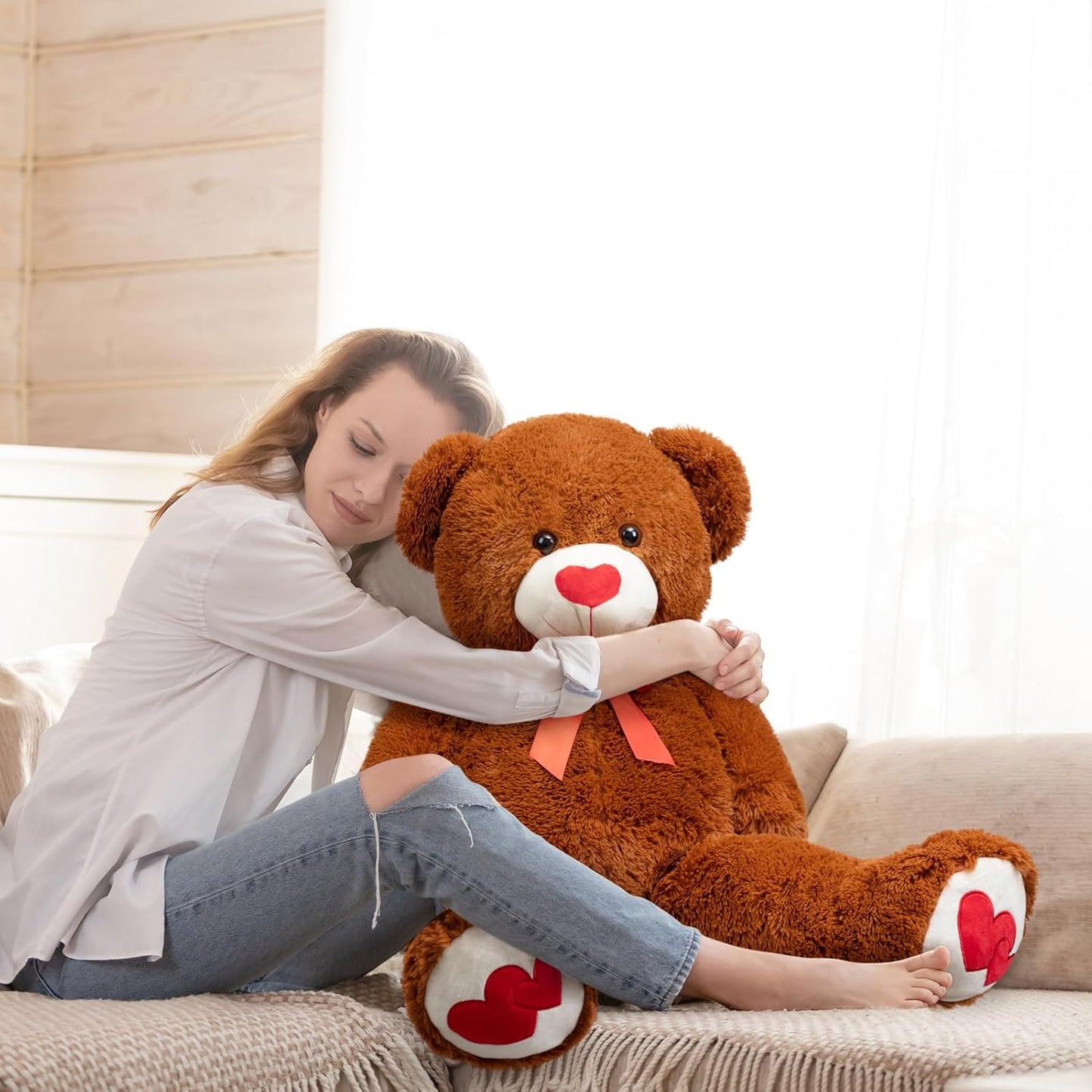 Giant Teddy Bear – 36" Plush Stuffed Animal with Red Heart, Brown